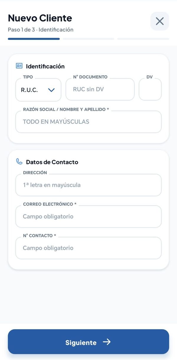 Alta de cliente, paso 1 de 3