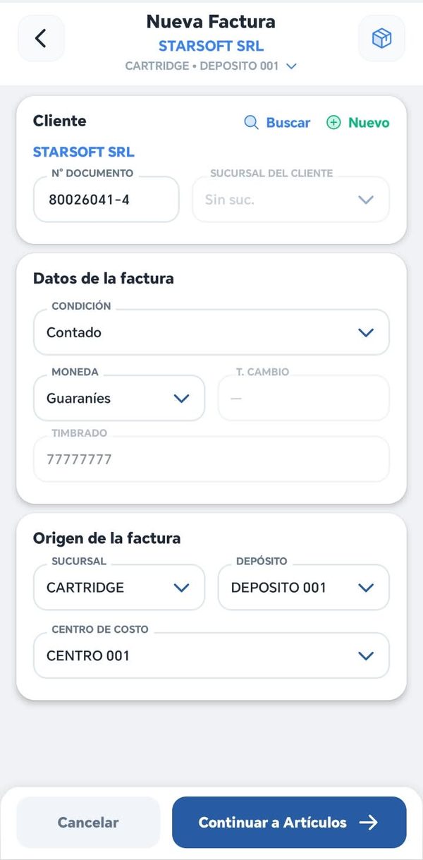 Formulario de nueva factura con timbrado